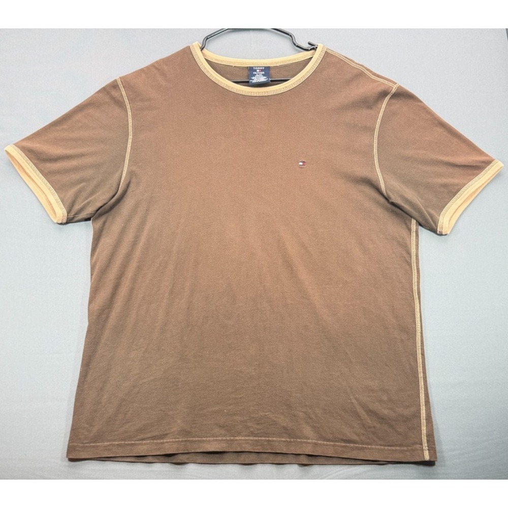 Tommy Hilfiger Mens XL Brown Tan Ringer T-Shirt Contrast Stitch Short Sleeve